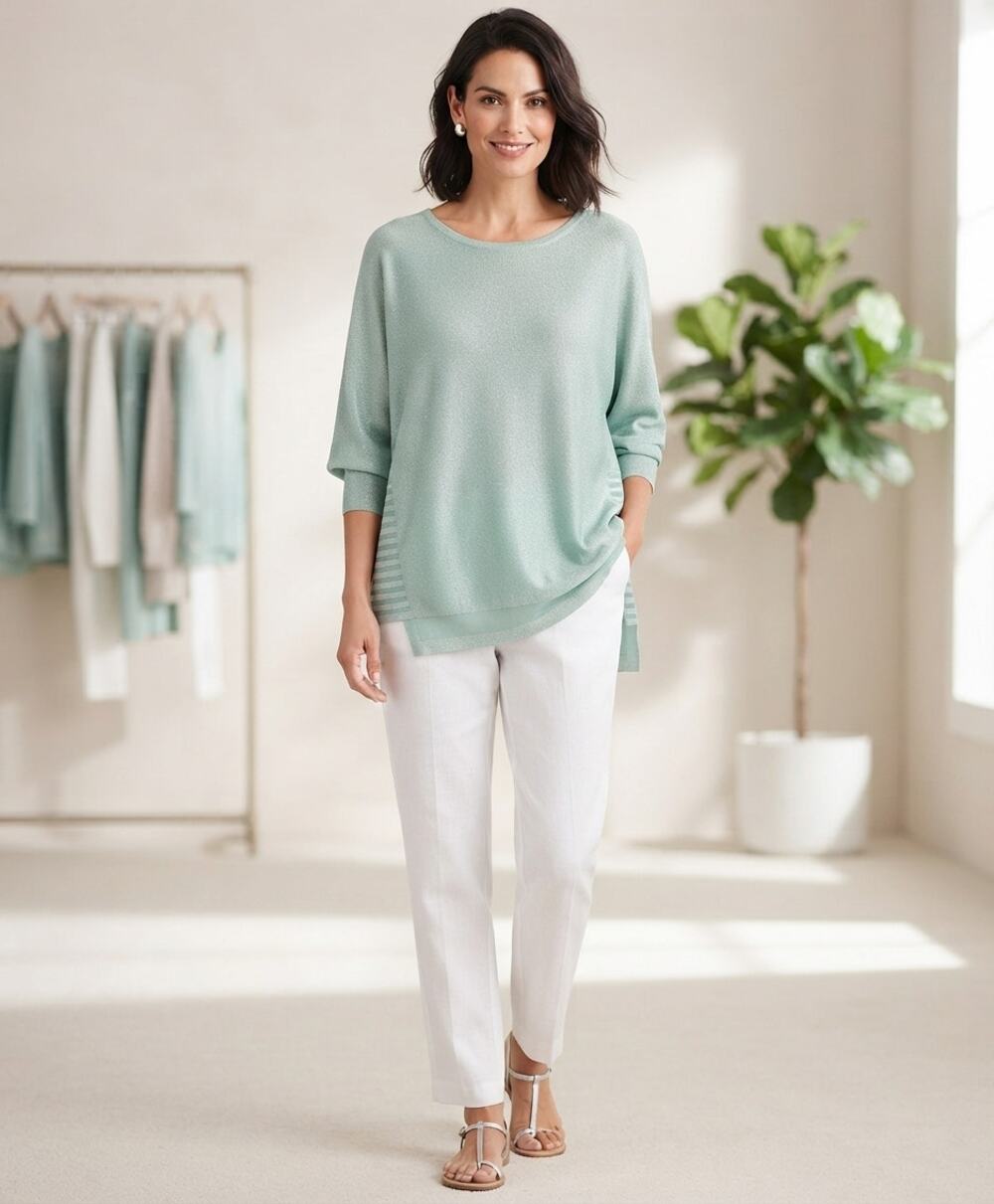Chico's Aqua Reef Shimmer Side Rib Detail 3/4 Sleeve Sweater 3/4 Sleeve Sz 3 XL